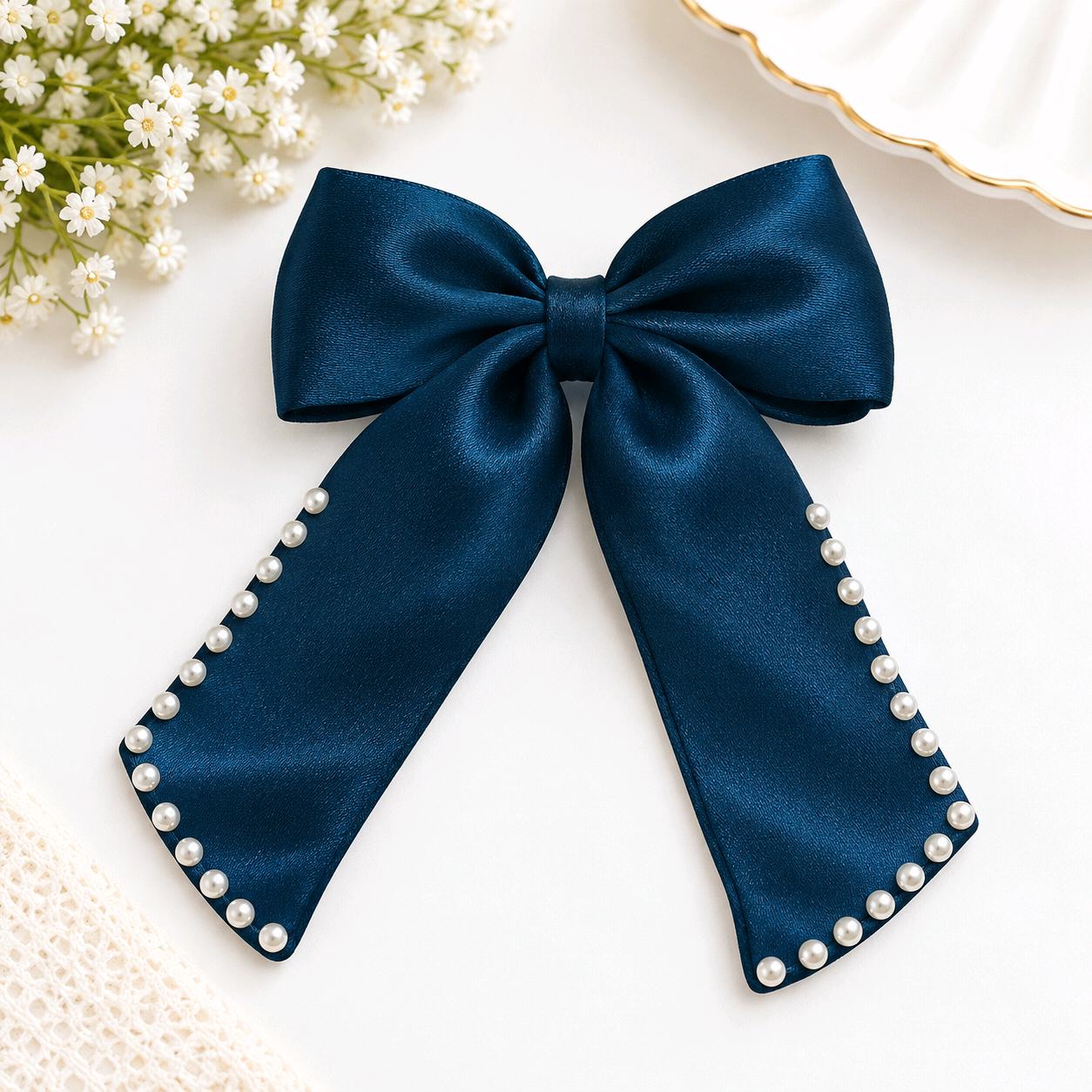 Royal Navy Pearl Satin Hair Bow