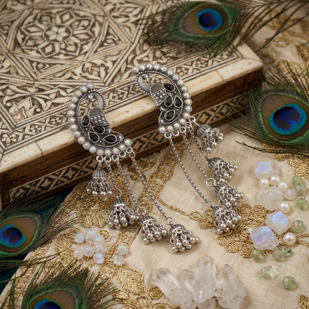 Royal Peacock Oxidised Jhumka Earrings