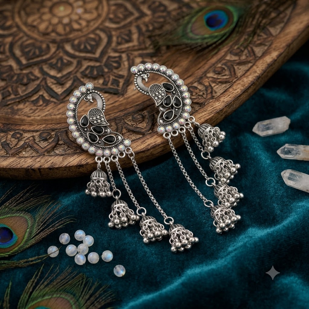 Royal Peacock Oxidised Jhumka Earrings