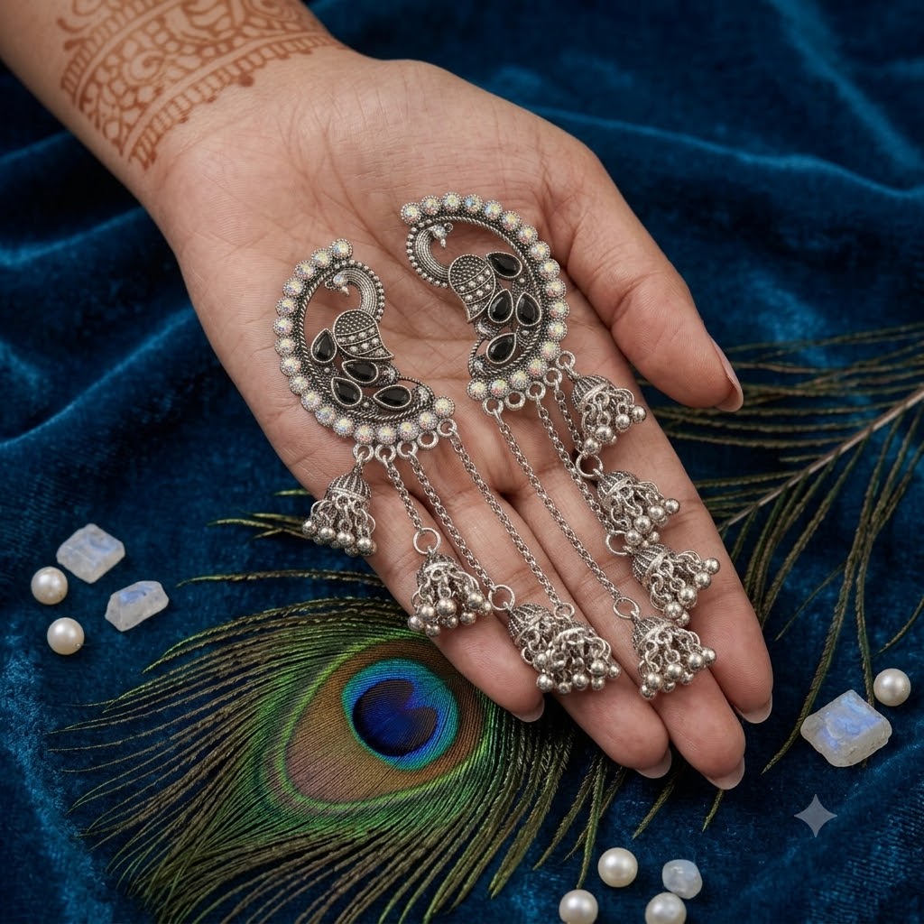 Royal Peacock Oxidised Jhumka Earrings