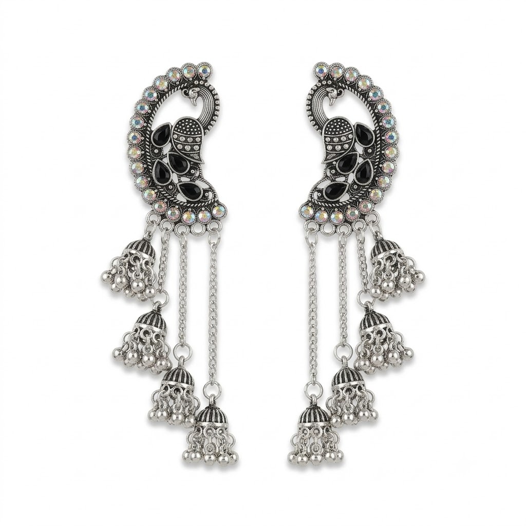 Royal Peacock Oxidised Jhumka Earrings