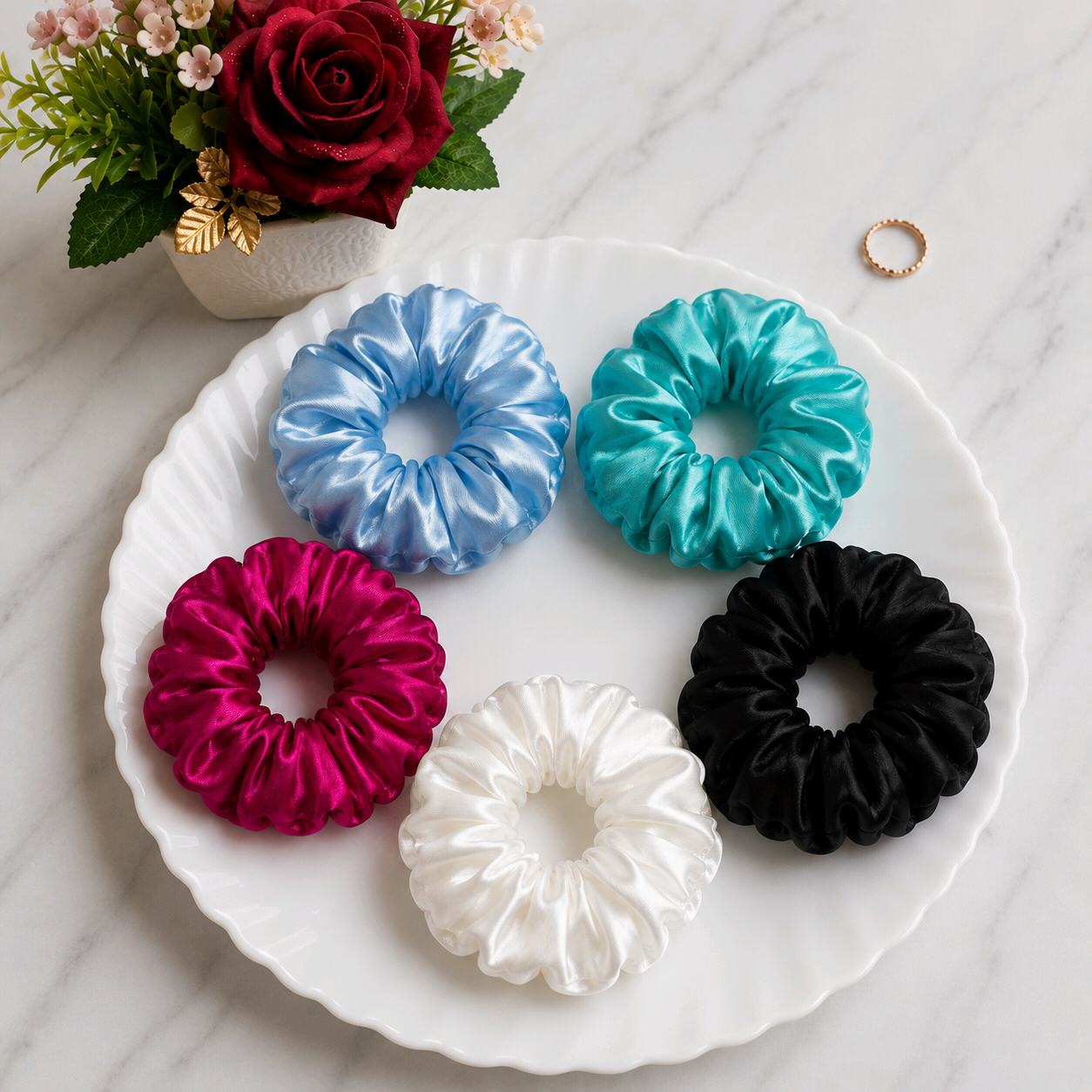 Set of 5 Satin Scrunchies for Women & Girls