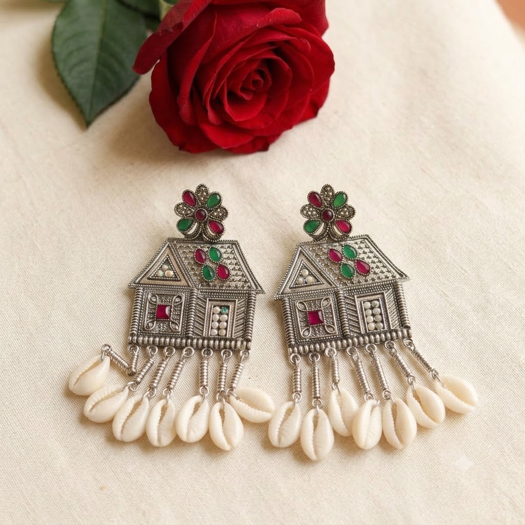 Tribal House Oxidised Shell Earrings