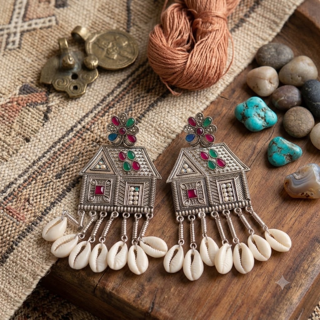 Tribal House Oxidised Shell Earrings