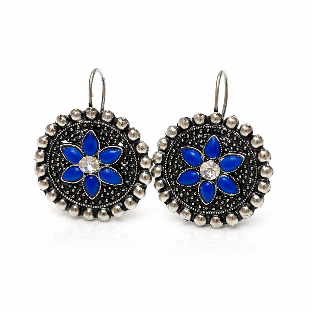 Vintage Oxidised Blue Floral Earrings