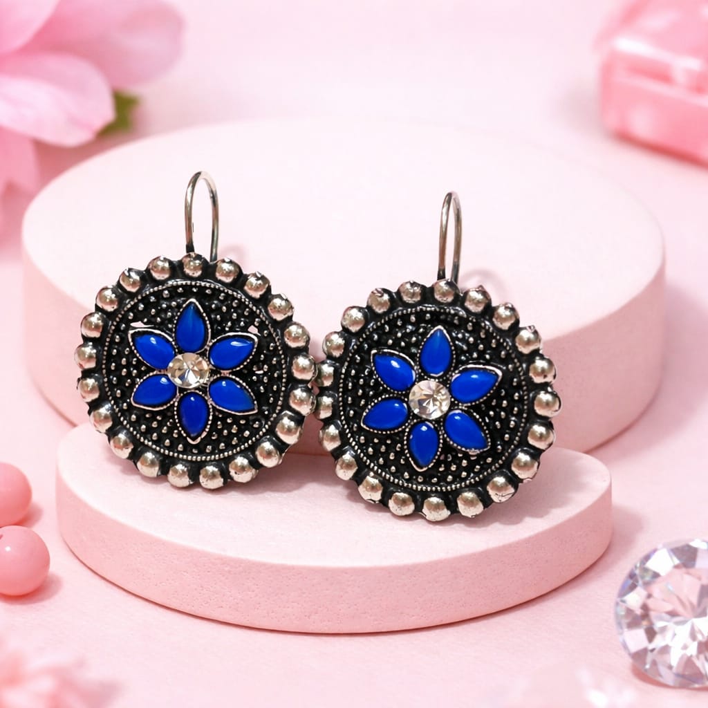 Vintage Oxidised Blue Floral Earrings