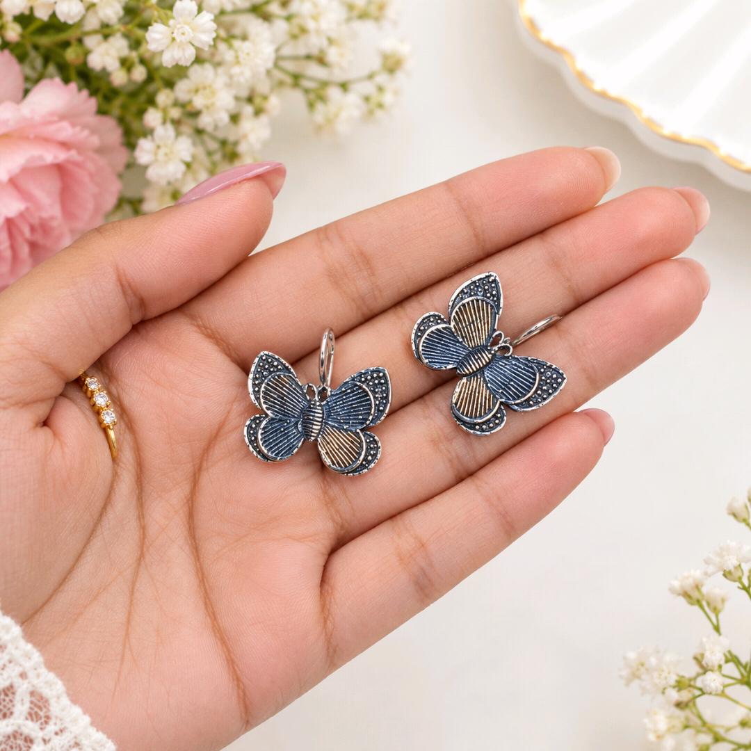 Vintage Oxidized Silver Butterfly Leverback Earrings