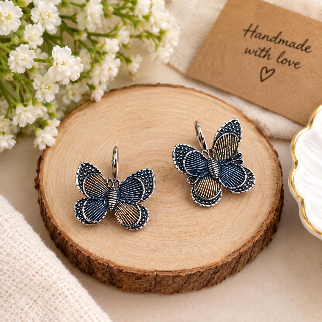Vintage Oxidized Silver Butterfly Leverback Earrings