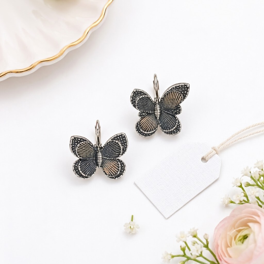 Vintage Oxidized Silver Butterfly Leverback Earrings
