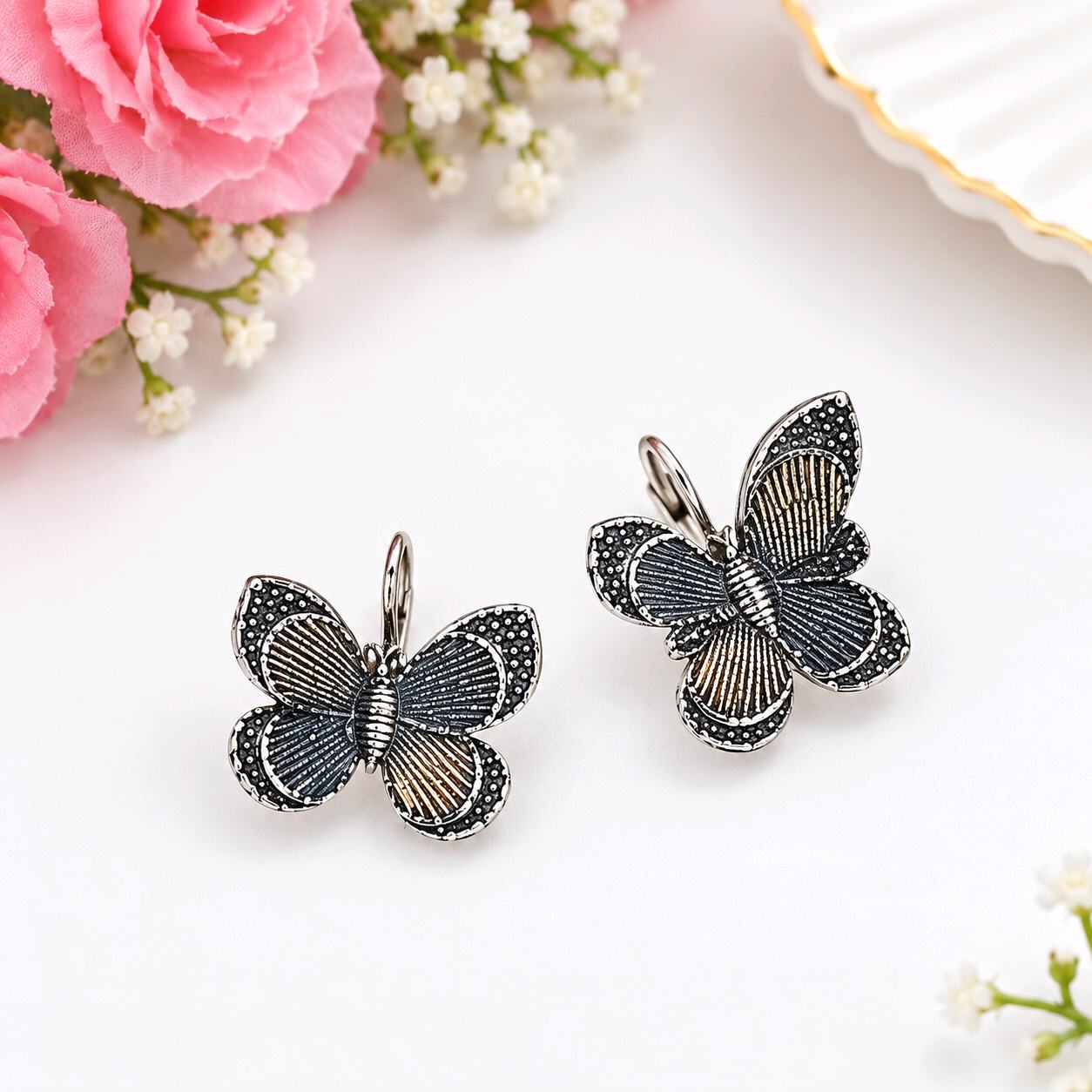 Vintage Oxidized Silver Butterfly Leverback Earrings