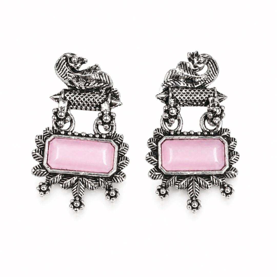 Vintage Pink Stone Oxidised Earrings