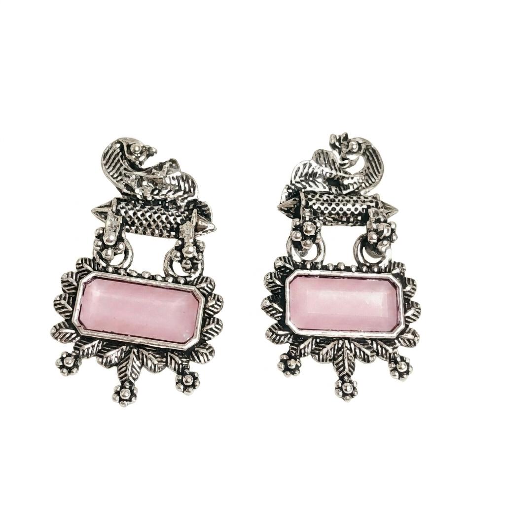 Vintage Pink Stone Oxidised Earrings