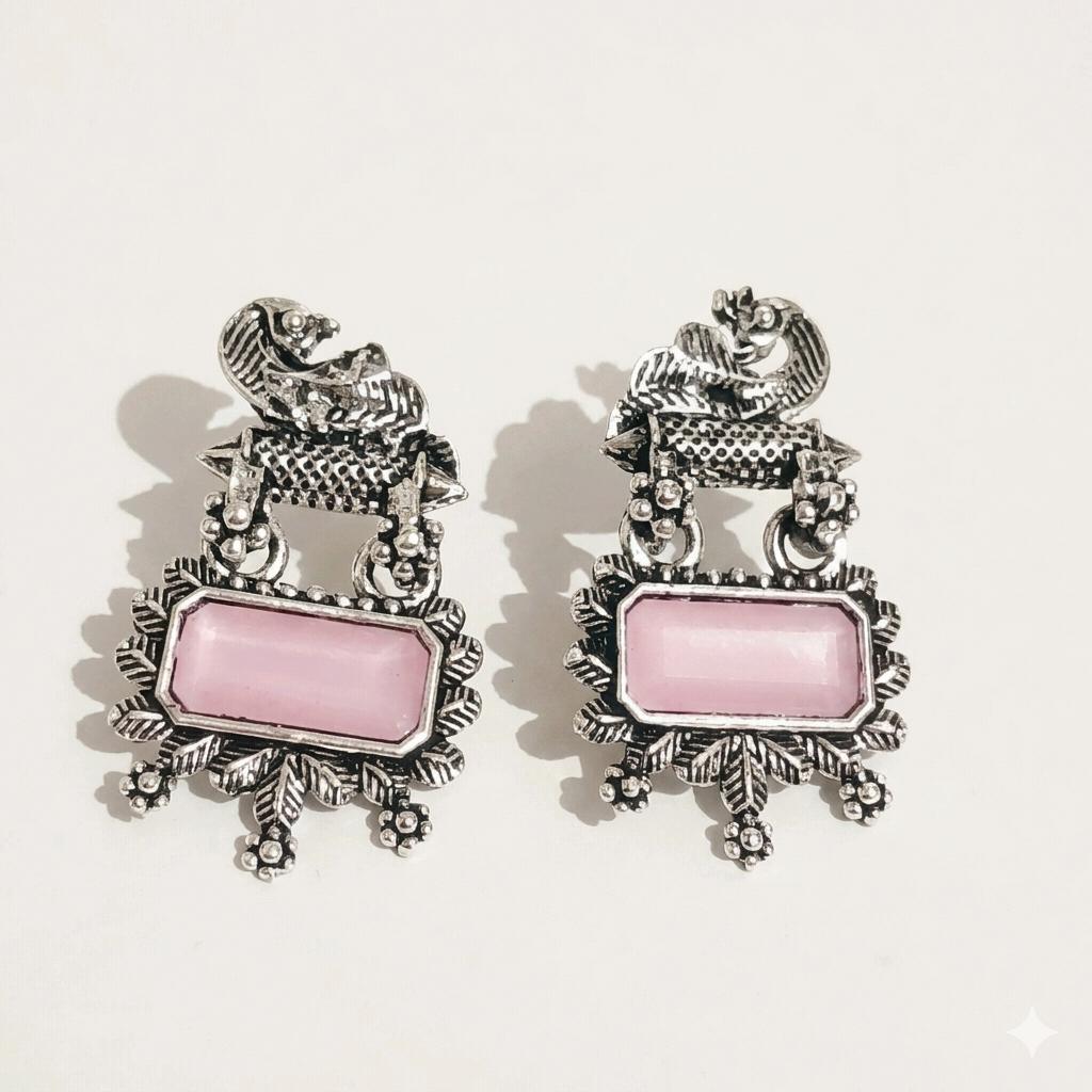 Vintage Pink Stone Oxidised Earrings