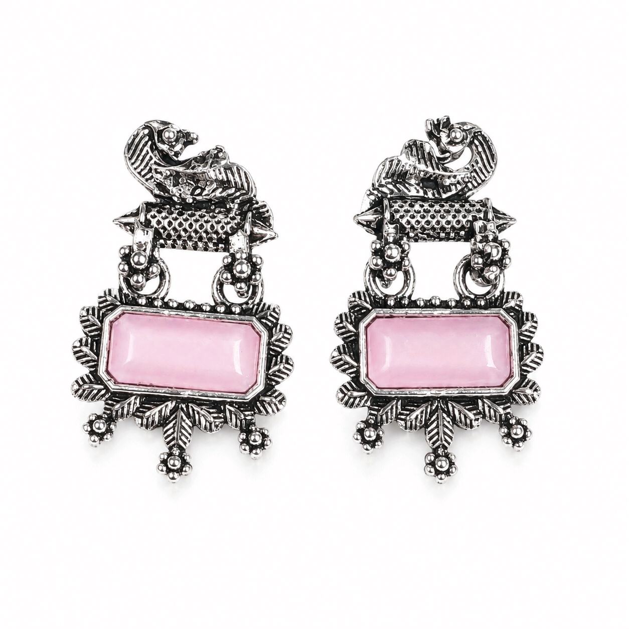 Vintage Pink Stone Oxidised Earrings